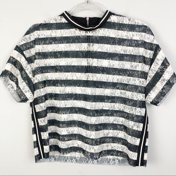 ZARA | Lace Striped Short Sleeve Cropped Top Small - Picture 1 of 9